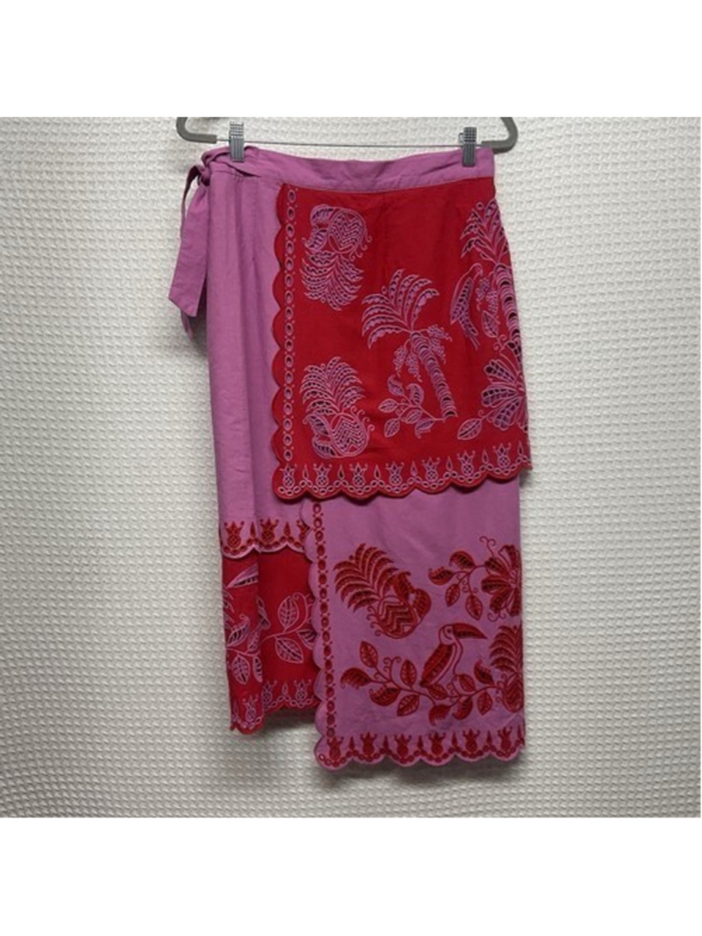 Farm Rio Richilieu Red Palm Tree Eyelet Embroidered Midi Wrap Skirt Women Medium - Picture 10 of 12